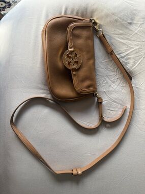 Tory Burch Tan Pebbled Leather Crossbody with Logo Medallion